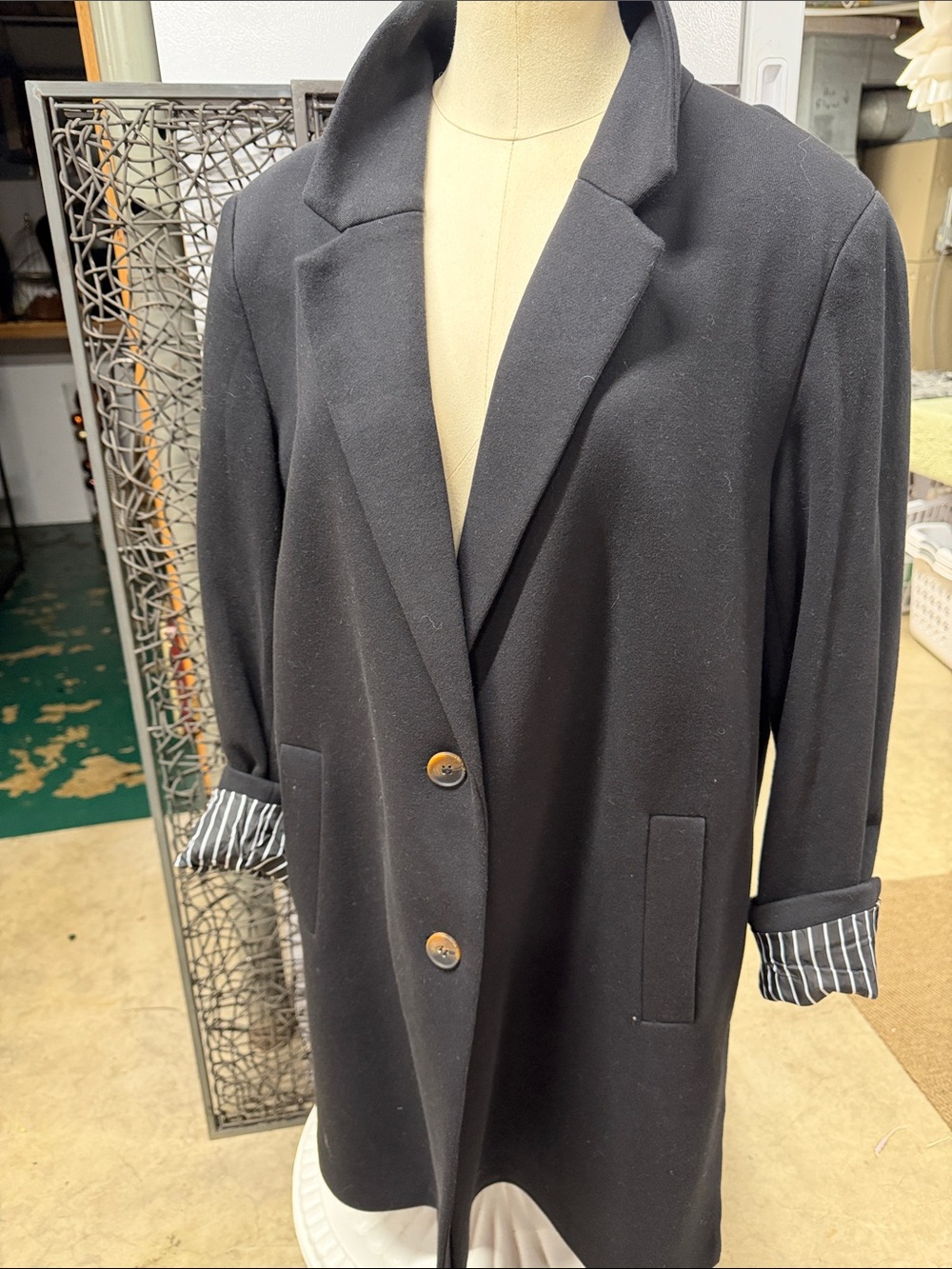 Tribal Black Long Blazer with Striped Cuff Detail